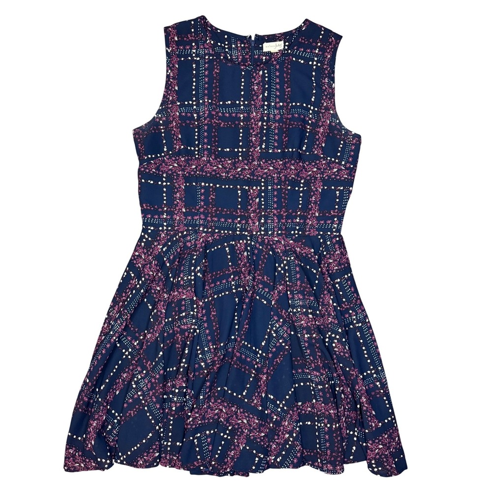 Maison Jules Dress Women L Blue Pink Plaid Fit Flare Sleeveless